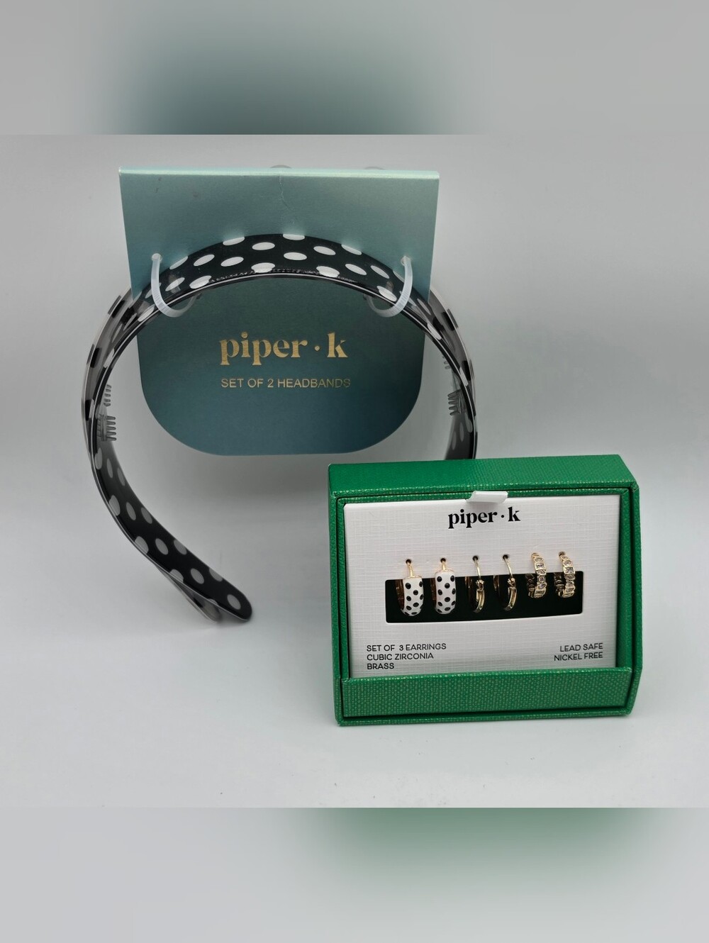 Piper Black and White Polka Dot Headbands with Gold-Tone Earring Set